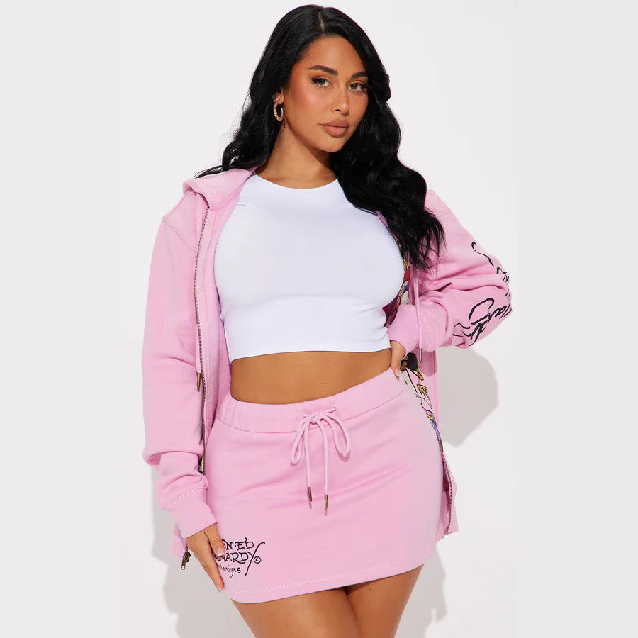 Fashion Print Hoodie Skirt Set