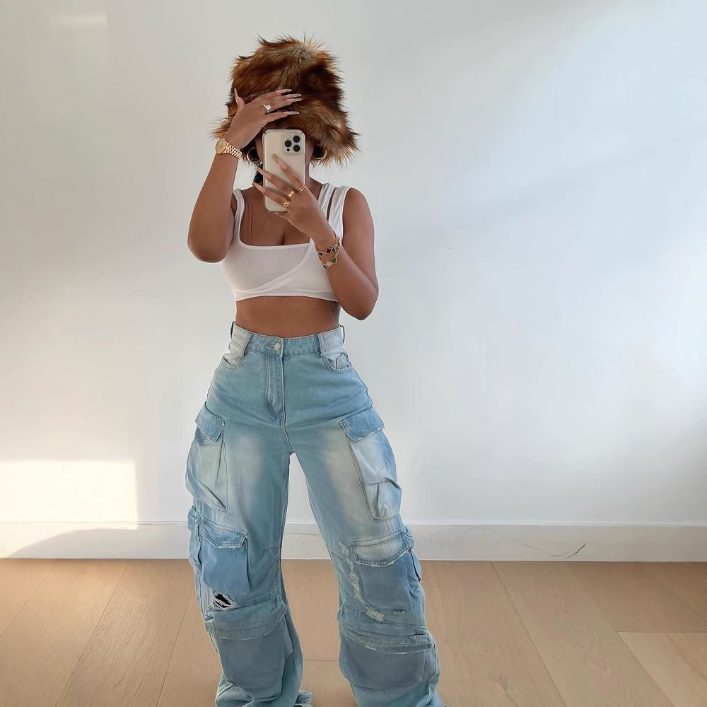 Women's Fashion Street Trendy Cut Straight-Leg Loose Denim Multi-Pocket Trousers