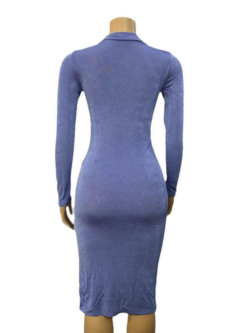 Women Turndown Collar V-Neck Sexy Slit Long Sleeve Solid Bodycon Dress 7