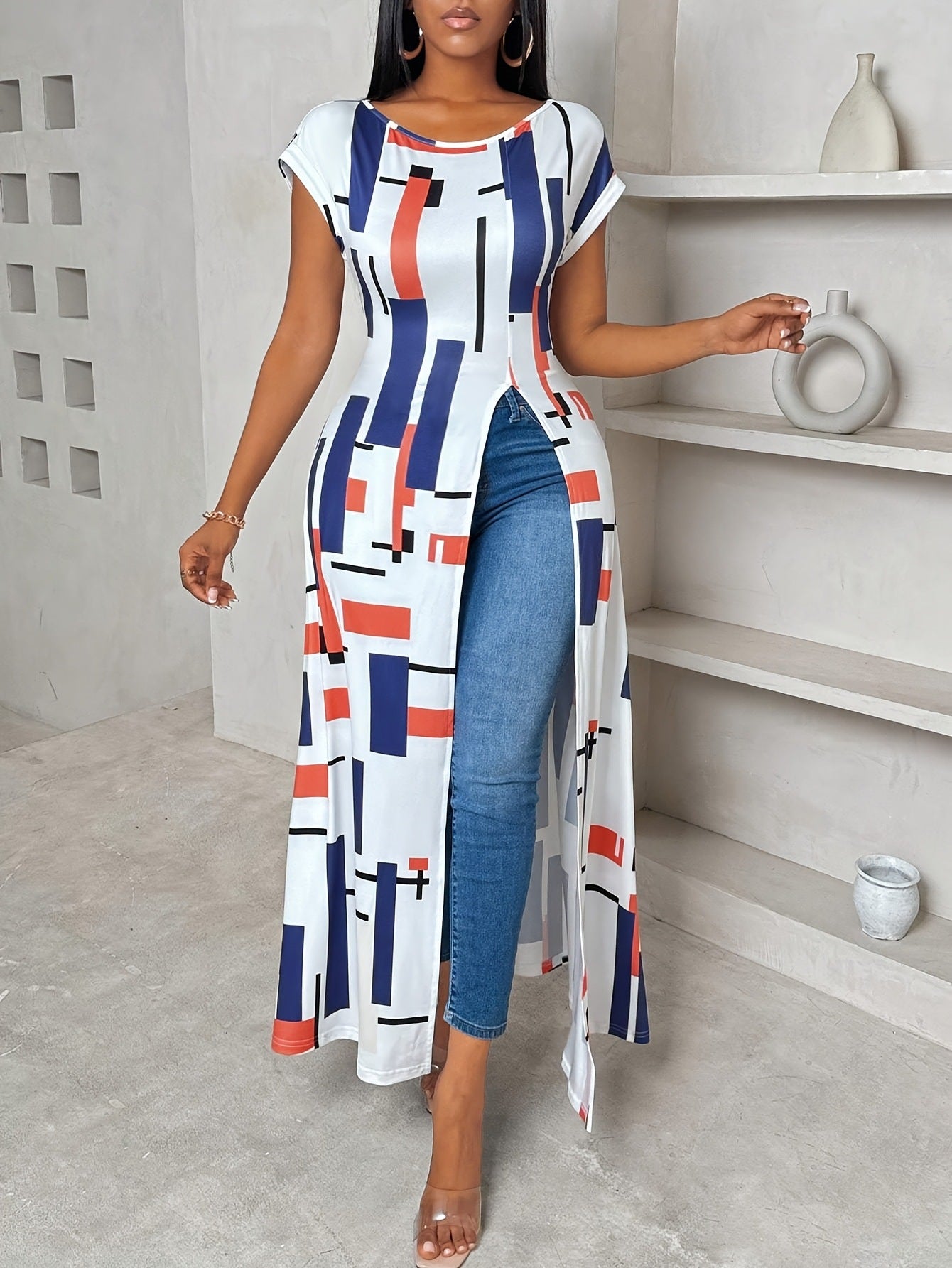 Casual Printed Short Sleeve slit Dress 4