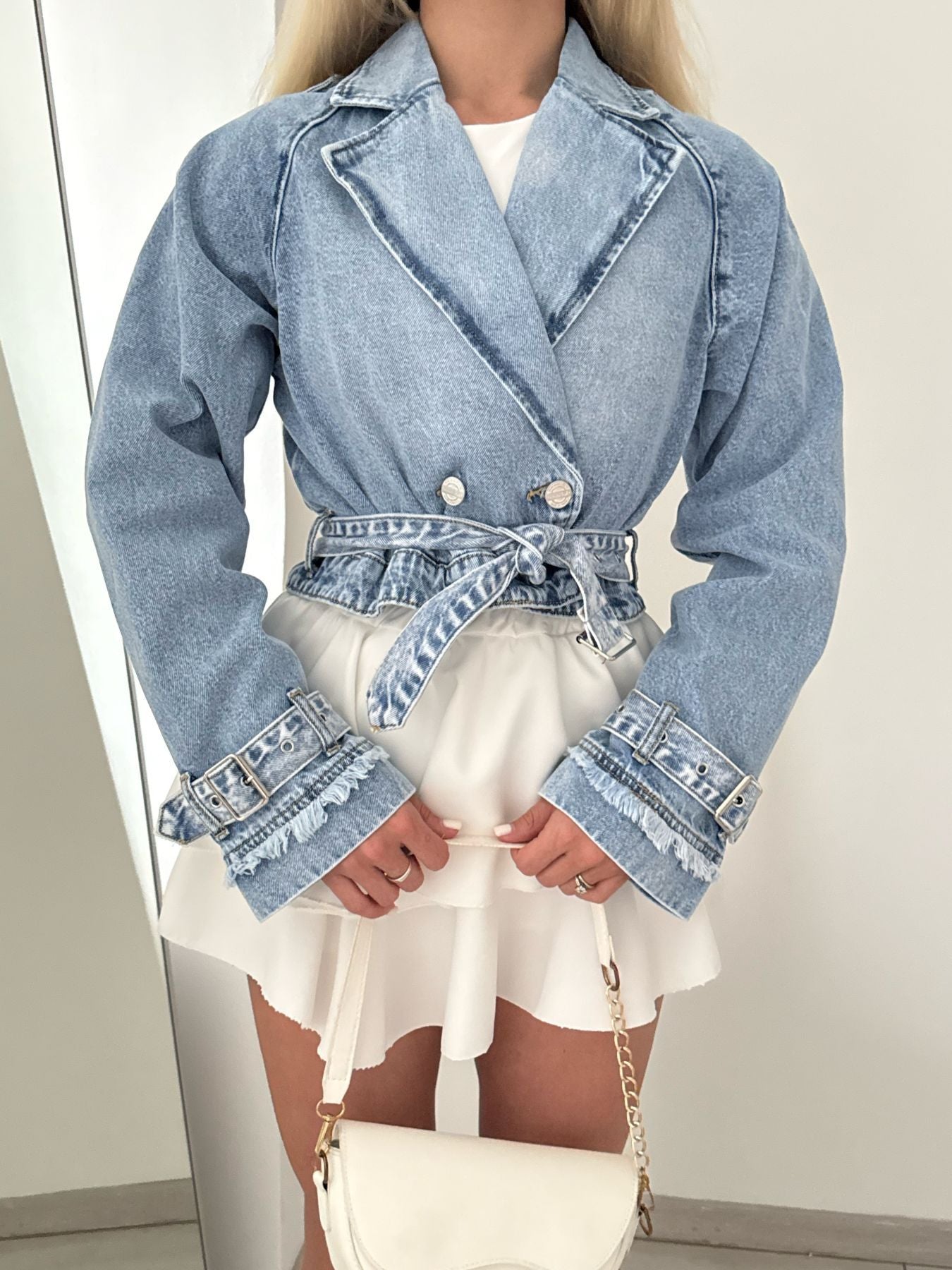 Women Turndown Collar Long-Sleeved Denim Trench Coat