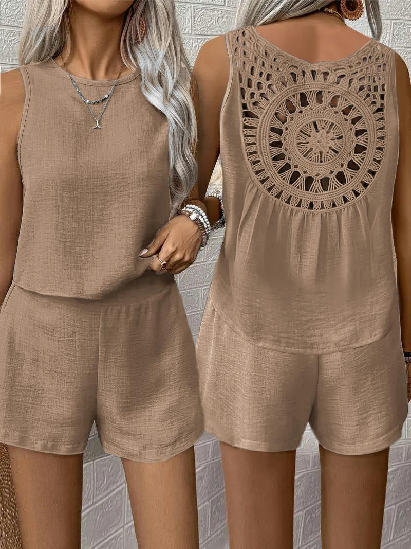 Women Solid Back Hollow Lace Top and Shorts Two-piece Set 6