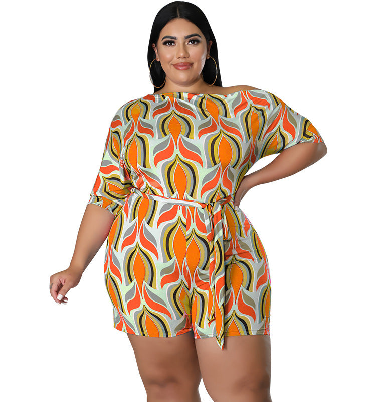 Plus Size Women's Summer Slash Shoulder Print Short Sleeve Jumpsuit With Belt 12
