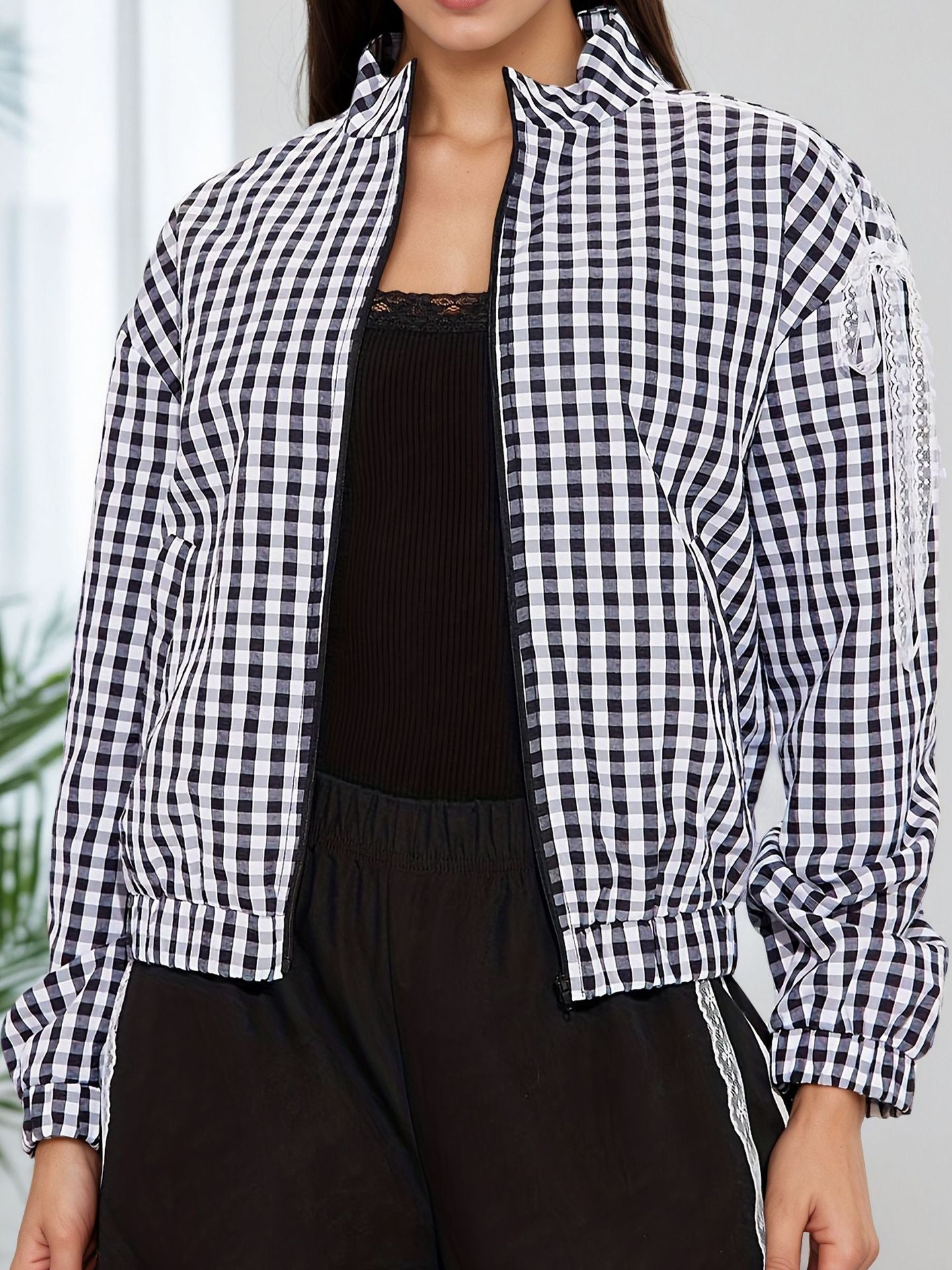 Women fall/winter plaid long-sleeved zippered lace bow jacket 4