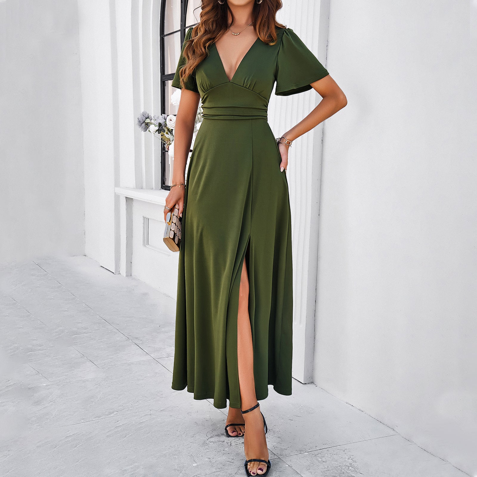 Women Spring/Summer Solid Chic V Neck Dress 6