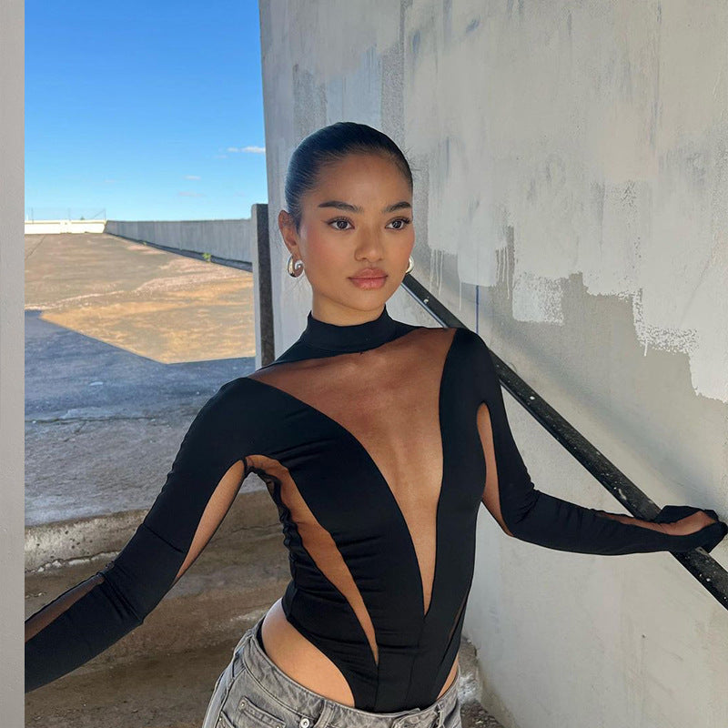 Summer Women Sexy Casual Mesh Patchwork High Waist Long Sleeve Bodysuit 4