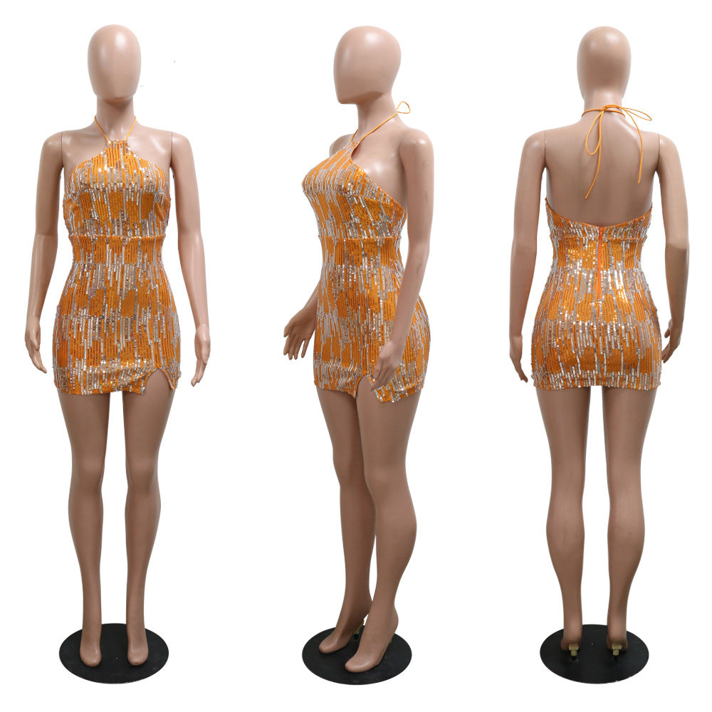 Fashionable Lace-Up Halter Low Back Sexy Women's Sequin Party Dress 18