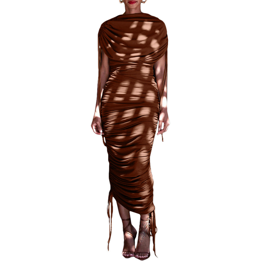 Women Solid Pleated Drawstring Zip Irregular Dress 14