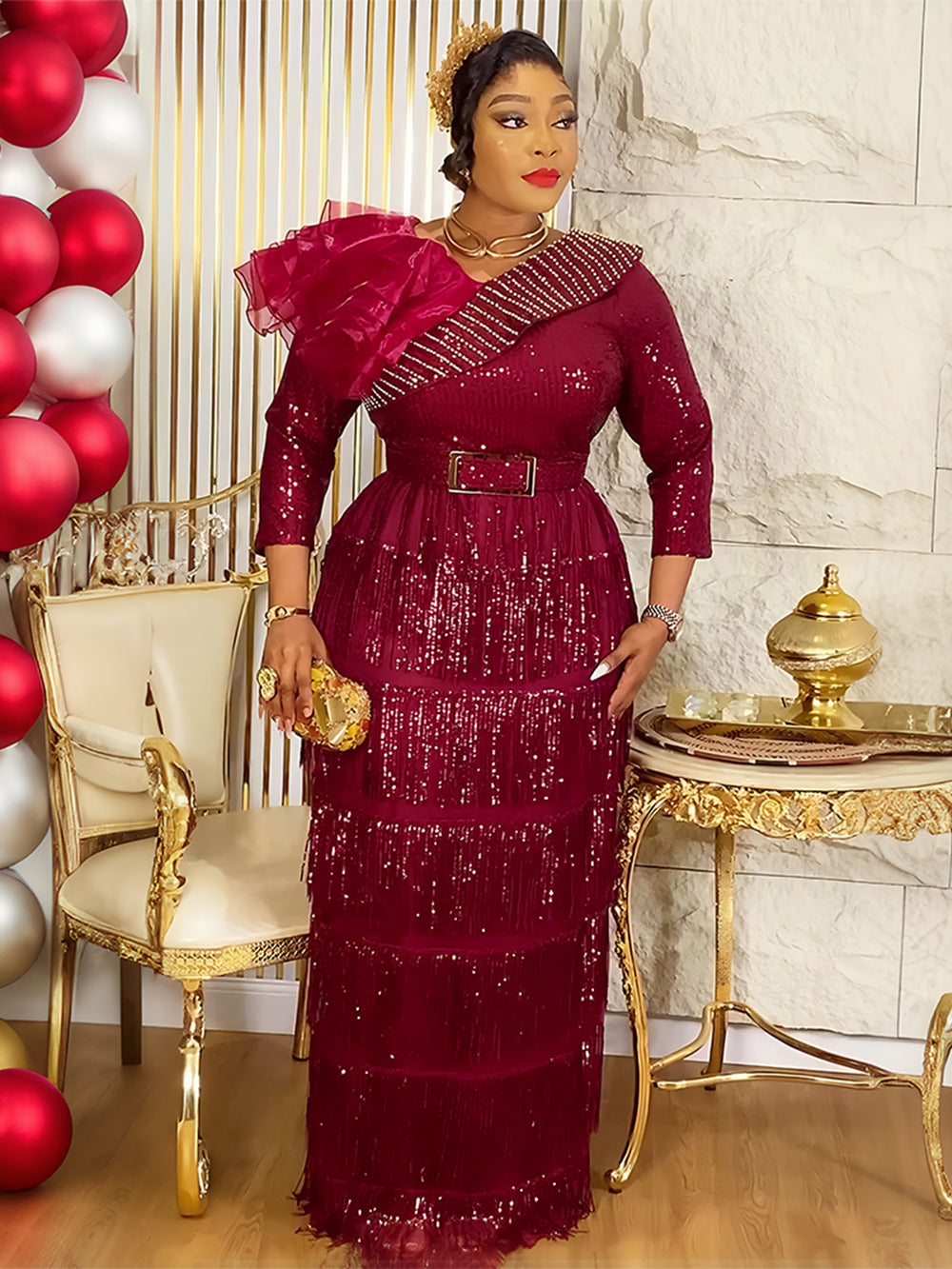 Plus-size African Women sexy tassel sequin dress 6
