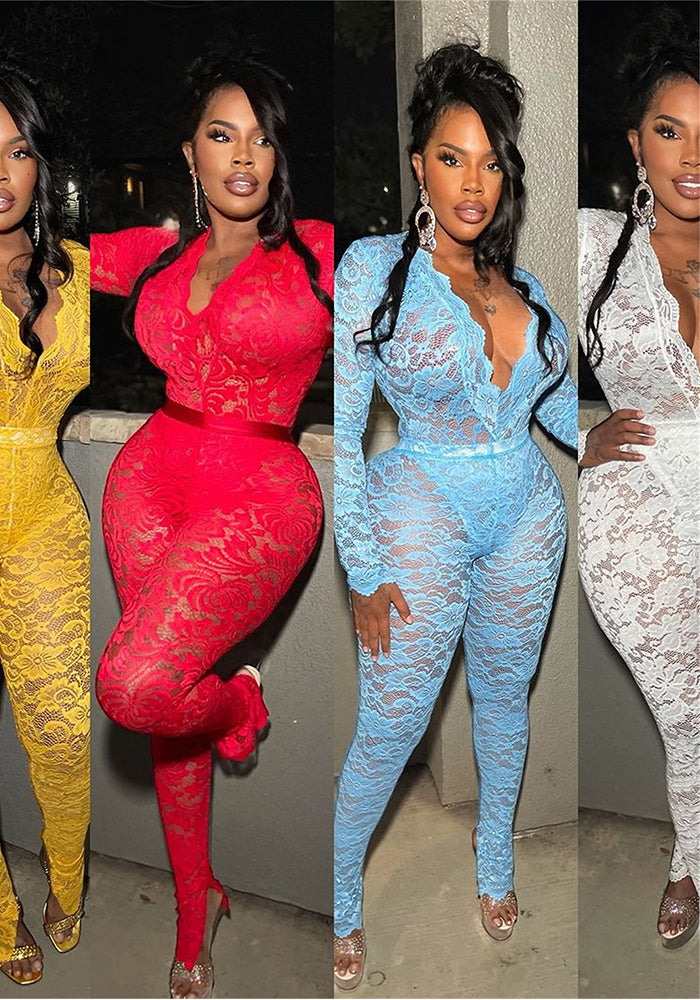 Women Solid Sexy Lace Hollow V Neck See-Through Long Sleeve Top Trousers Two Piece Set