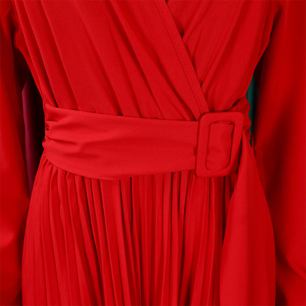 V-Neck Chic Elegant Slim Waist Belted Pleated High Waist Plus Size Dress 23