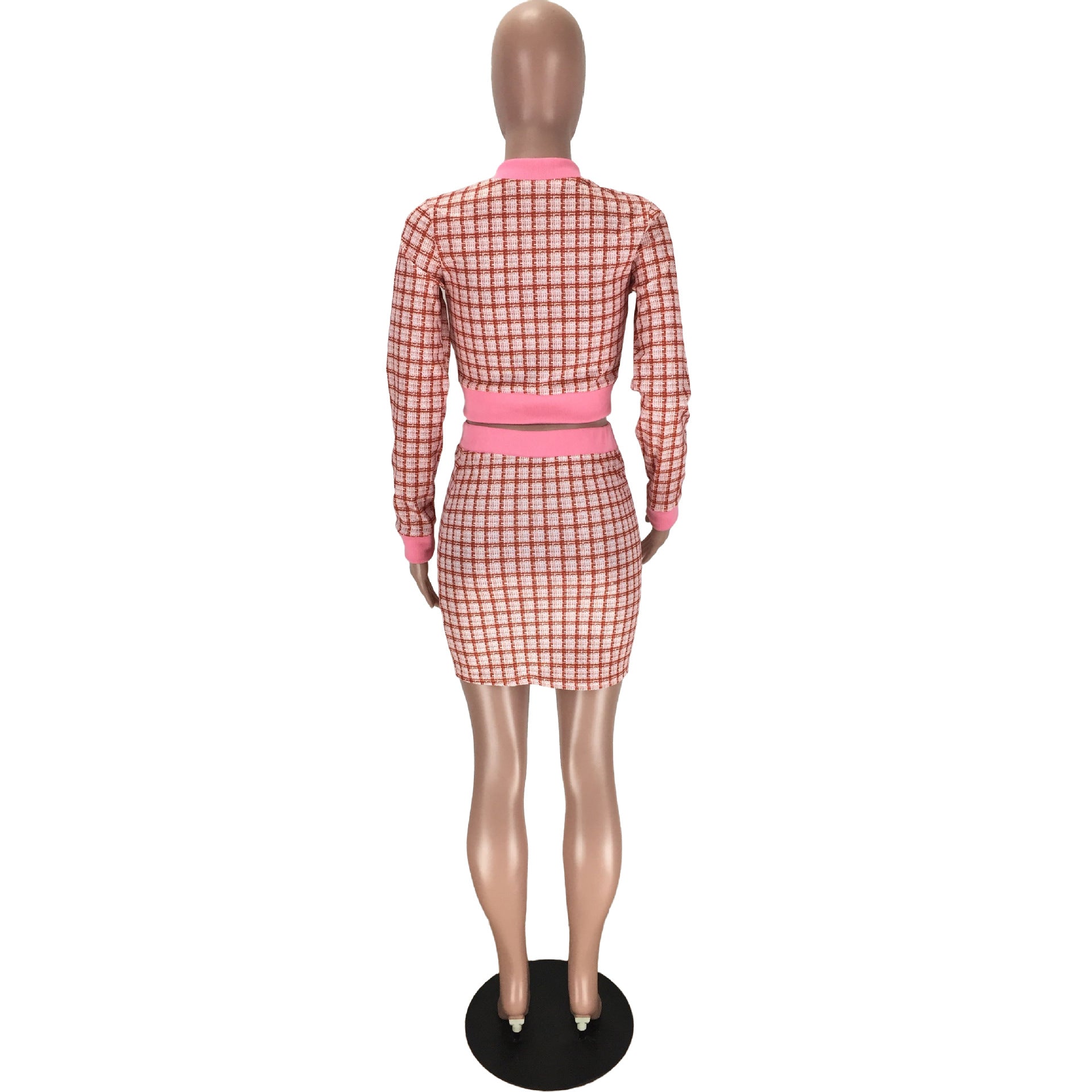 Women Plaid Ribbed Long Sleeve Top and Skirt Two-piece Set 33