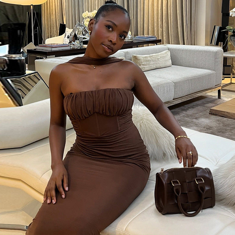 Women Solid Strapless Halter Neck Off-Shoulder Sleeveless Dress 4