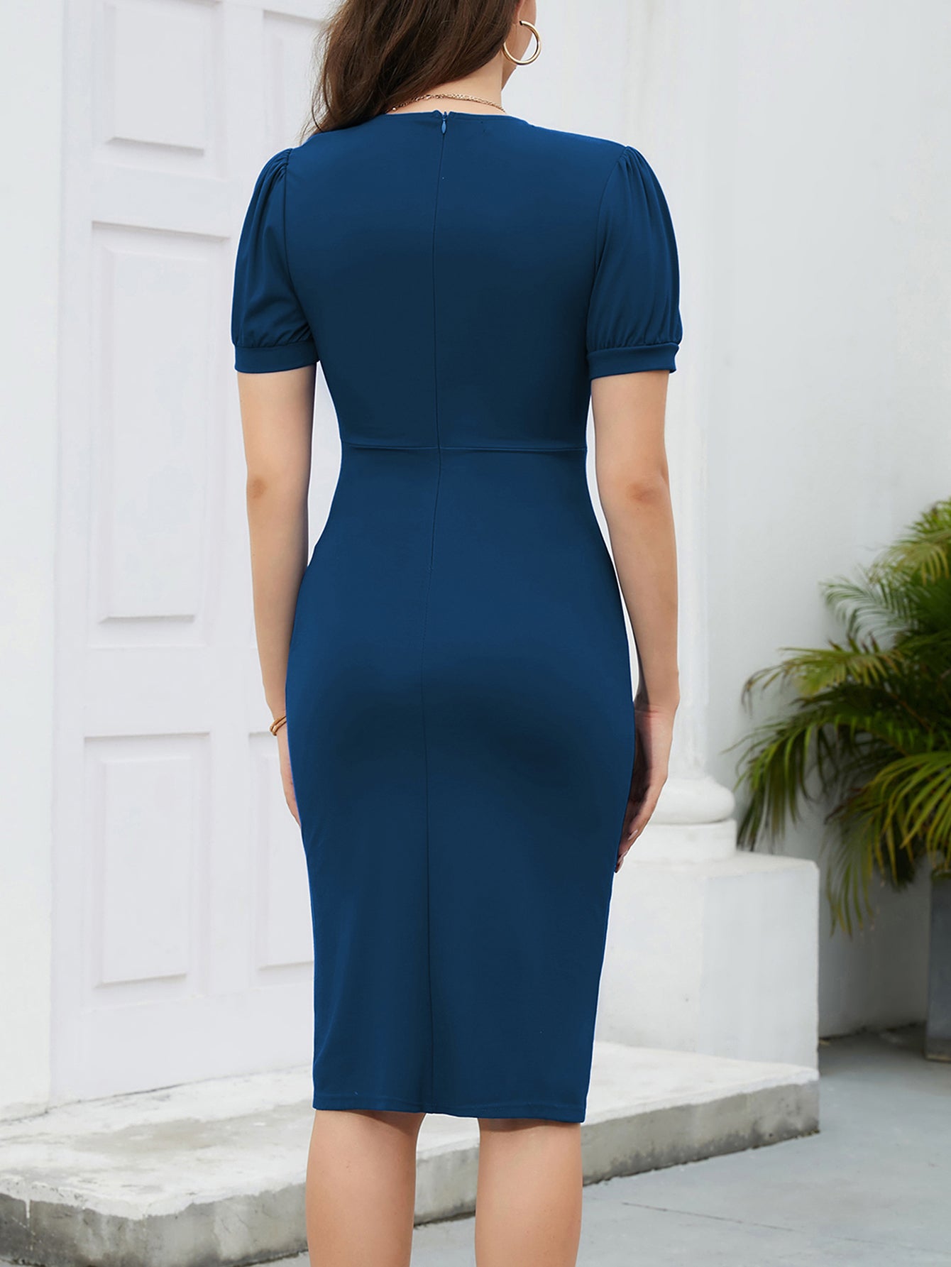 Women's Fashion Sexy Solid Color V-Neck Short Sleeve Career Bodycon Dress 11