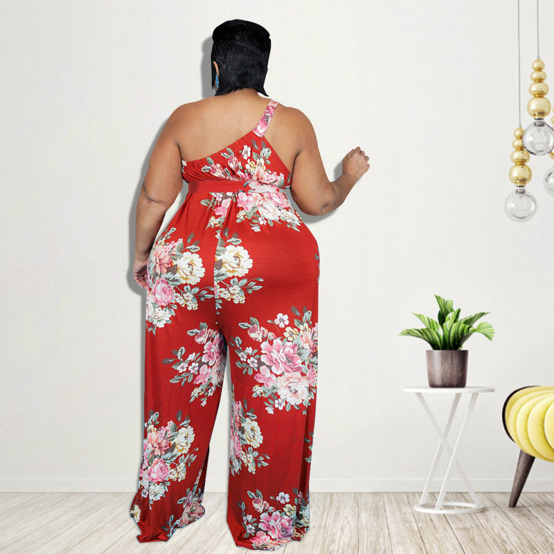 Plus Size Women Summer Floral Print Casual Jumpsuit