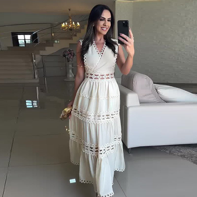 Hollow Embroidery V-Neck Long Sleeveless Casual Long Dress 3