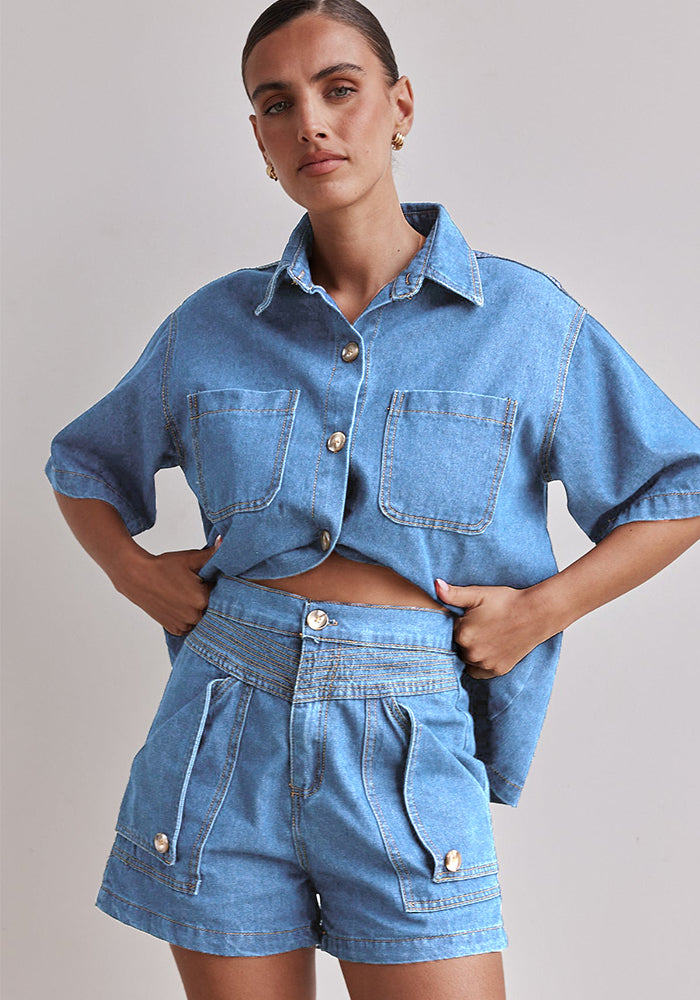 Summer Women's Casual Loose Denim Shirt Shorts Set