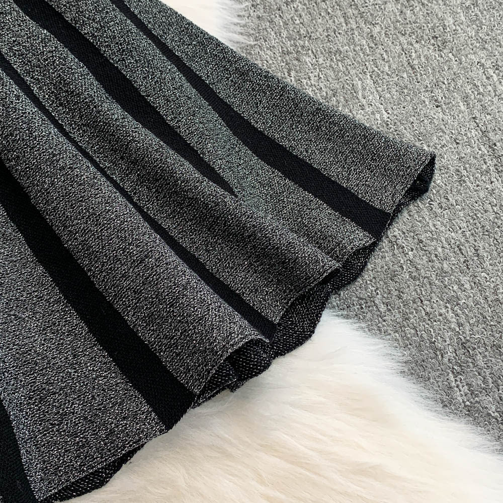 Chic Elegant Stripes Slim Waist Strap Knitting A-line Short Dress for Women 14