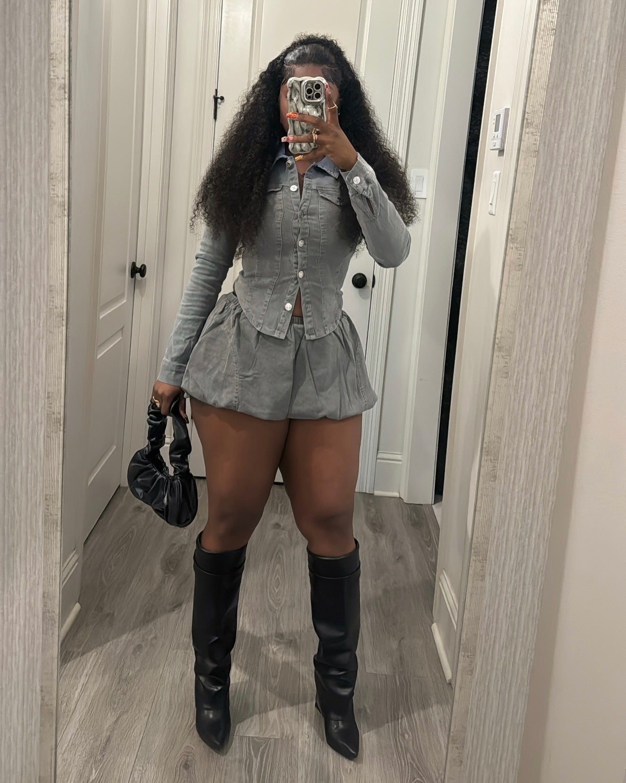 Slim Shirt Stretch Denim Skirt Women's Two Piece Set 3