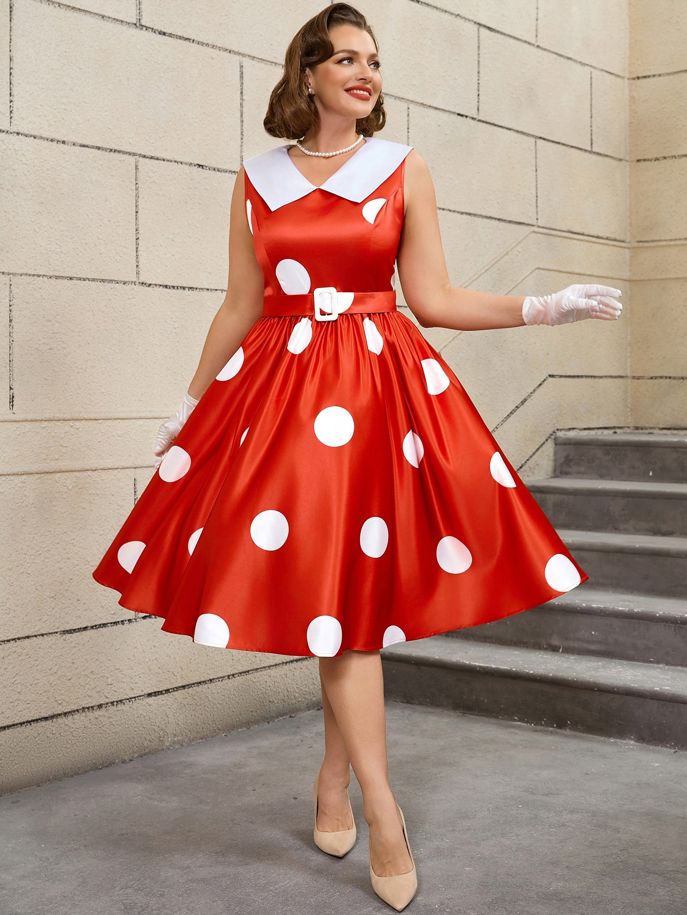 Plus Size Wedding Satin Turned-Down Collar Sleeveless Polka Dot Party A-Line Dress 3