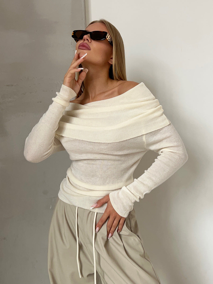 Autumn And Winter Sexy Slim Fit Off Shoulder Long Sleeve Basic Knitting Shirt For Women 9