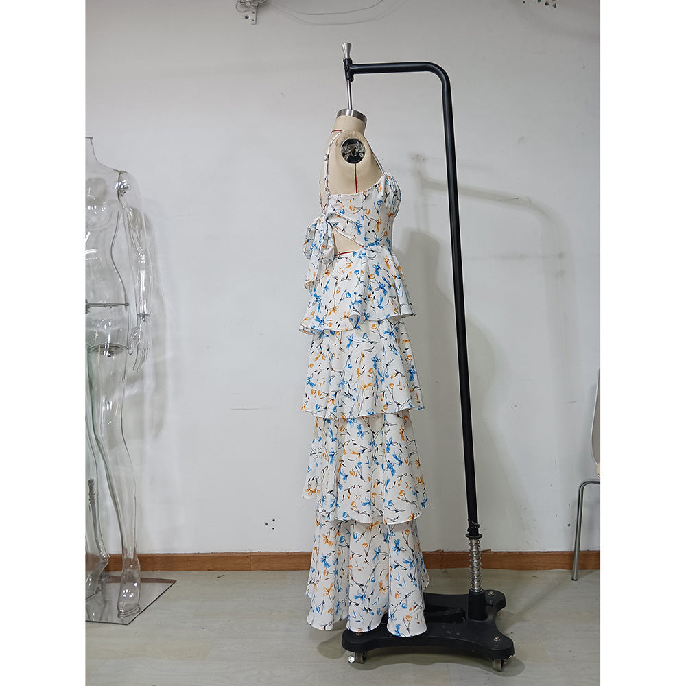 Women summer sexy strap floral cascading ruffles dress 7