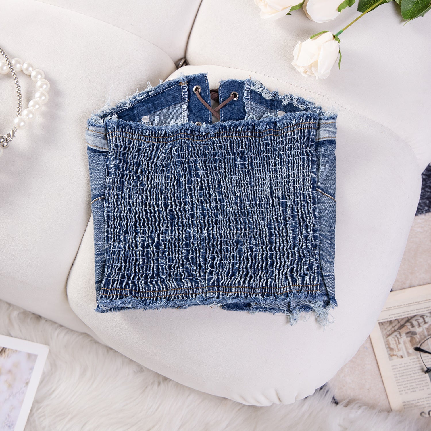 Women Sexy Off Shoulder Elastic Denim Crop Strapless Top 12