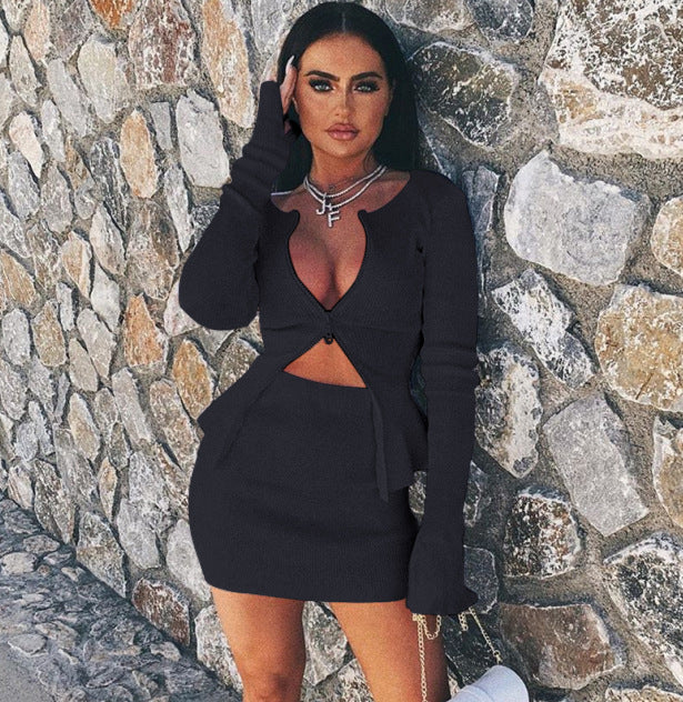 High Waist Knitting Ribbed Bodycon Solid Color Women  Skirt