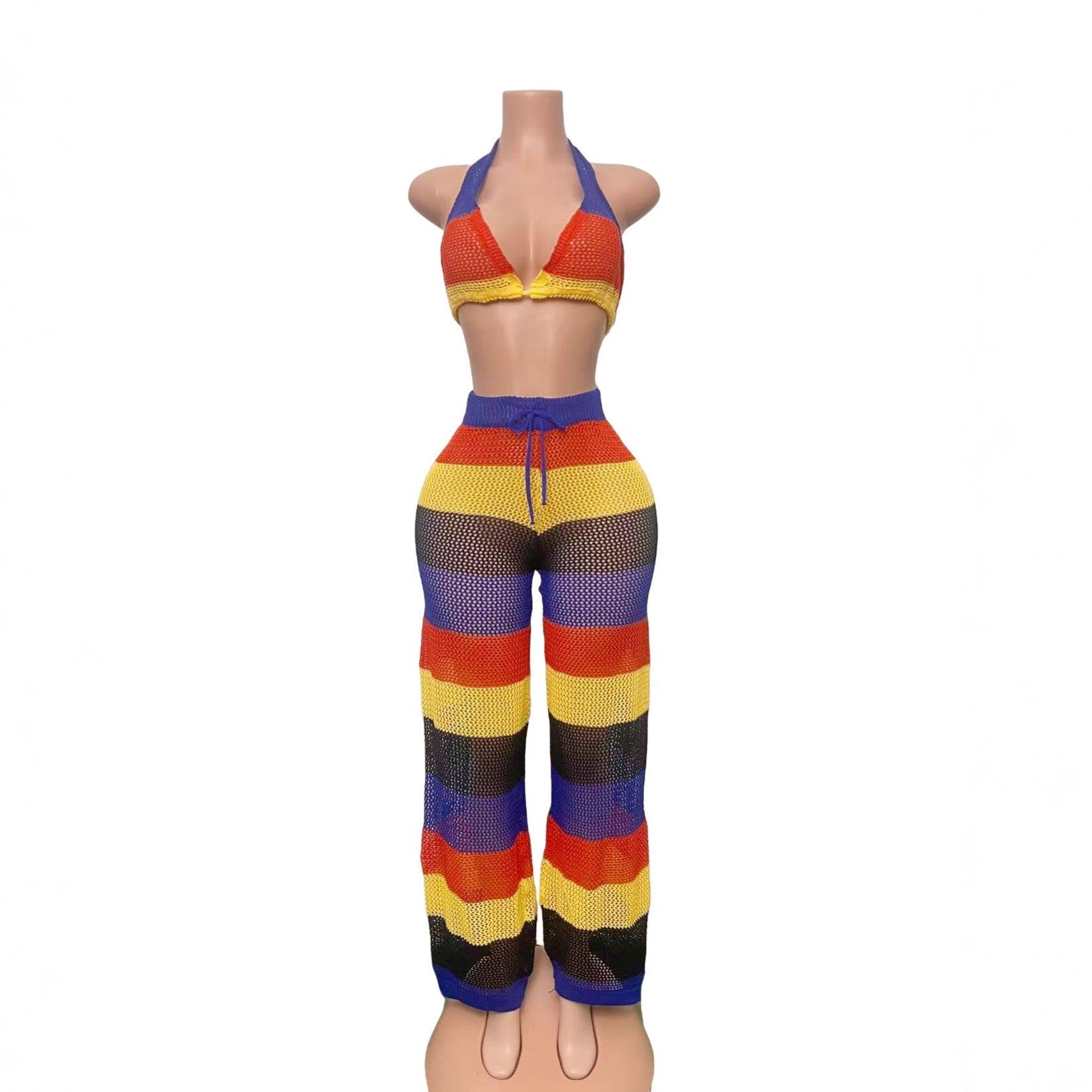 Women multi-color striped halter neck backless top and knitting pant, sexy see-through mesh two-piece set. 8