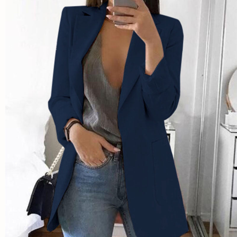 Spring Fall Women's Long Sleeve Plain Pocket Cardigan Blazer Jacket 14