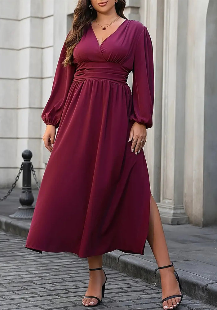 Plus Size Women Lantern Sleeve Slit Dress