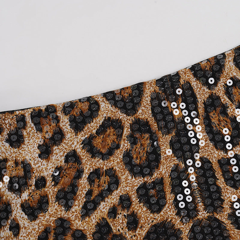 Sexy Side Lace-Up Leopard Print Bodycon Short Skirt with Sequins 14