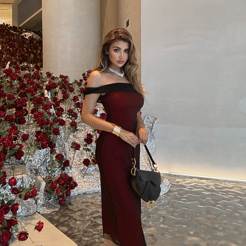 Women Sexy Off Shoulder Mesh Contrast Dress 5