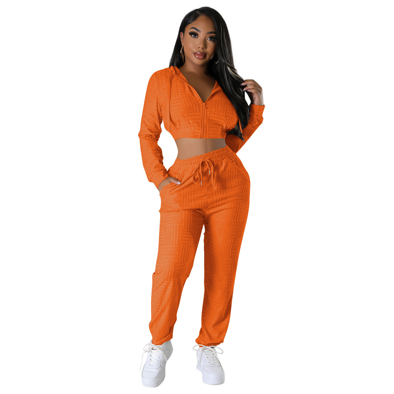 Women's Clothing Fashionable Solid Jacquard Zipper Hoodie Sweatpants Two-Piece Set 10