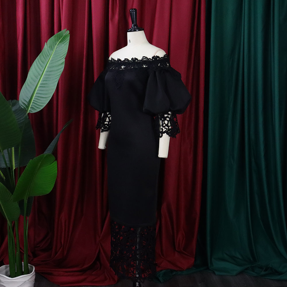 Women's Clothing Off Shoulder Lace Patchwork Puff Sleeve Formal Party Evening Dress 21