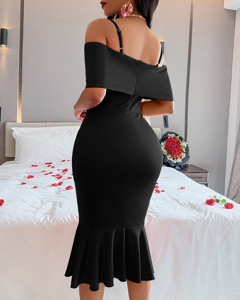 Women Red Bow Off Shoulder Suspender Fishtail Dress 8