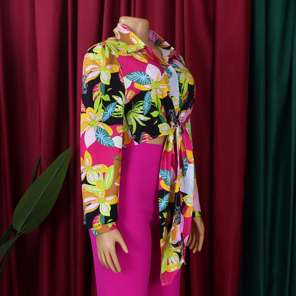 Fashionable Women's Printed Turndown Collar Lace-Up Long Sleeve Shirt 11