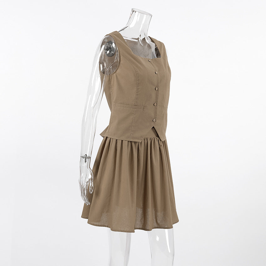 Summer Fashion Cotton Khaki Women's Sleeveless Vest Top Short-Skirt Two-Piece Set 9