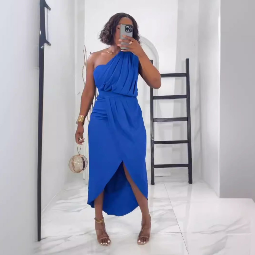 Women solid pleated strapless slit dress 3