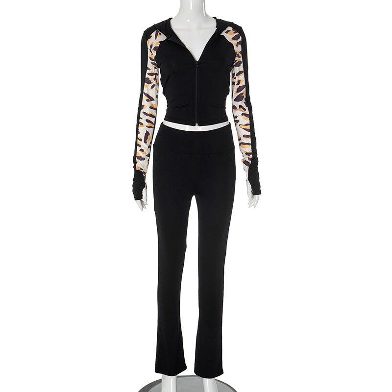 Women autumn contrast leopard print long sleeve Top and Pant two-piece set 9