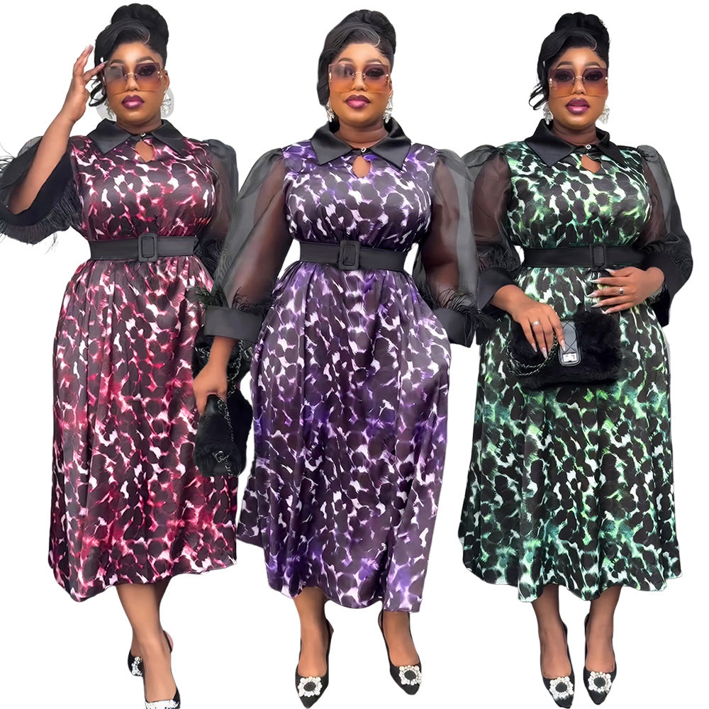 Plus Size African Women Three-quarter Sleeve Black Feather Turndown Collar Print Dress 10