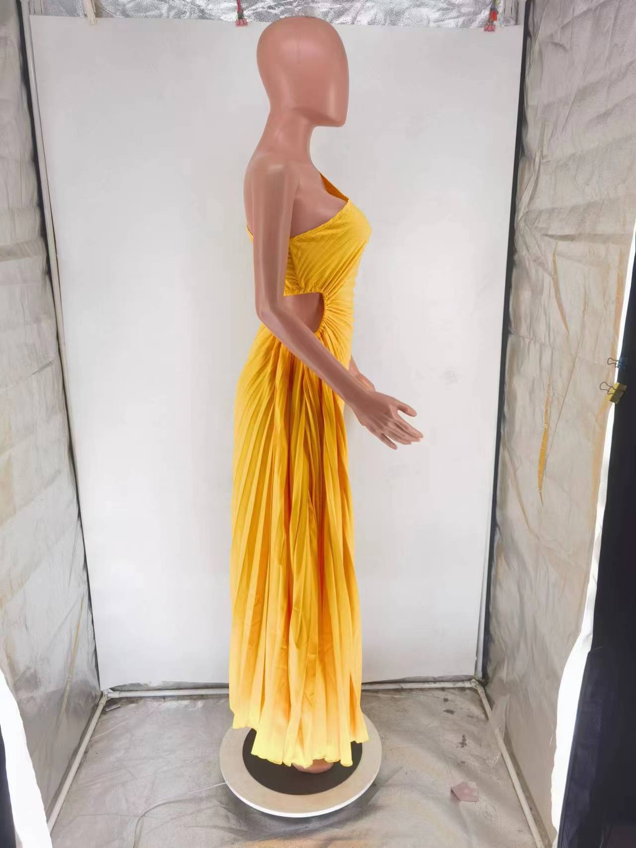 Elegant Slim Fit One Shoulder Cutout Pleated Gown Dress 25