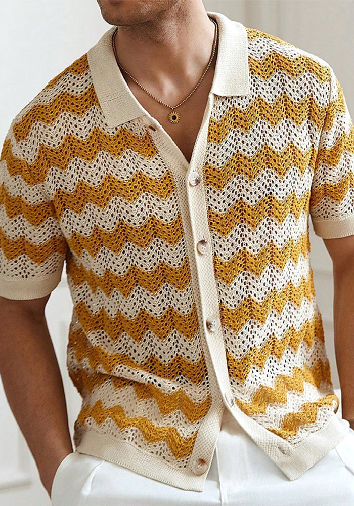 Men's American hollow jacquard ripple summer short-sleeved knitting polo T-shirt