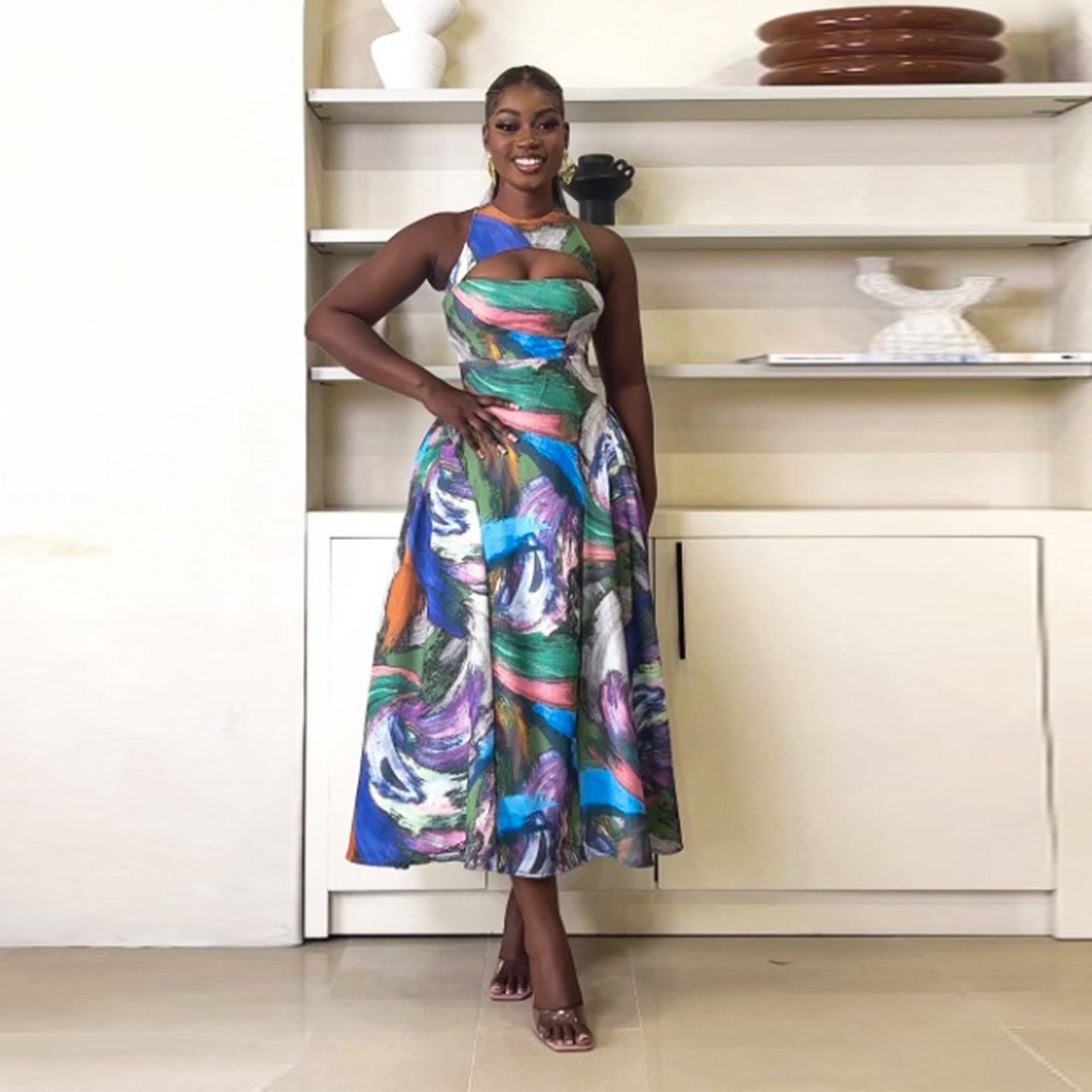 Fashion Sexy Slim Fit Hollow Printed Patchwork Sleeveless A-Line Dress 4