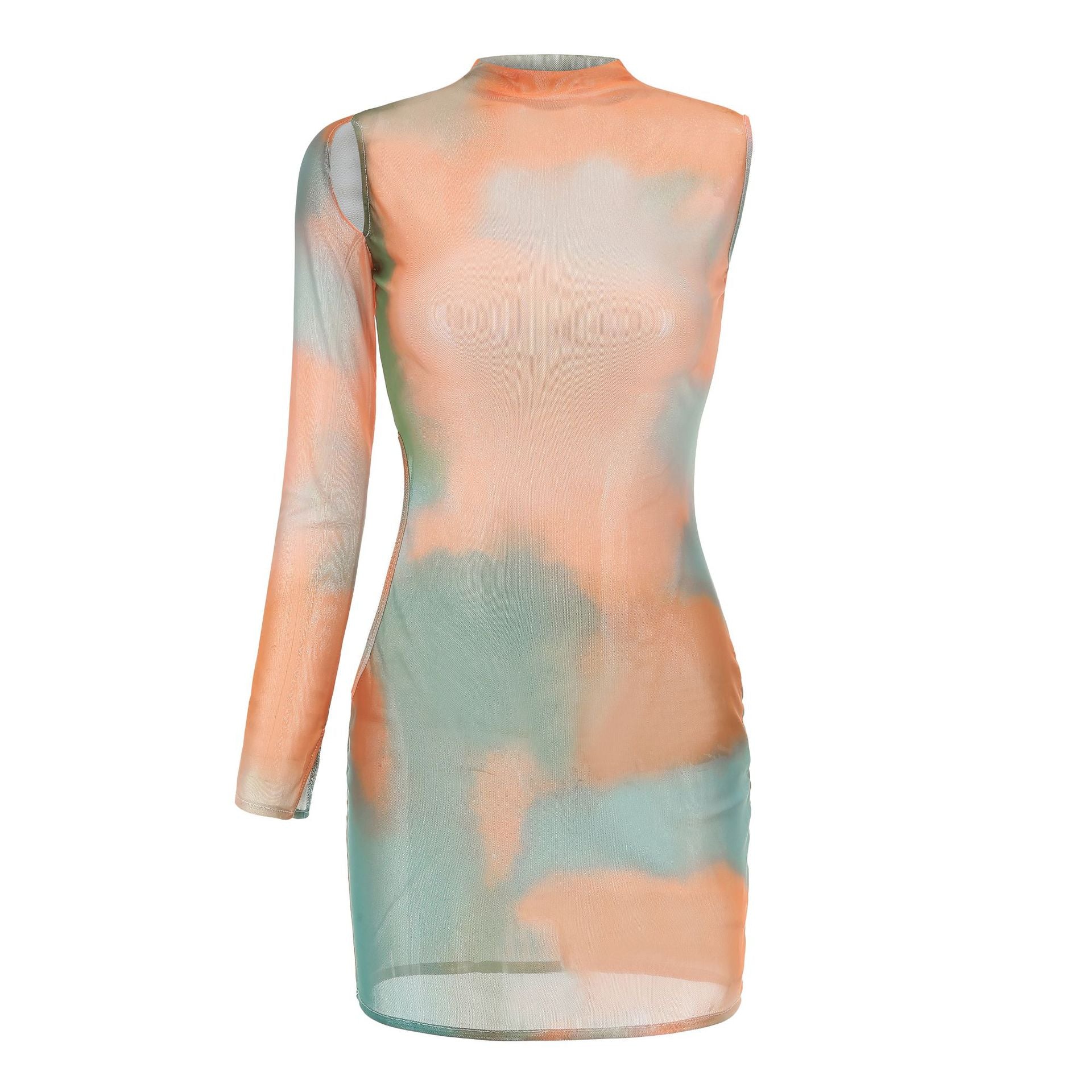 Women Spring Printed Mesh See-Through Hollow Round Neck Single Sleeve Dress 11