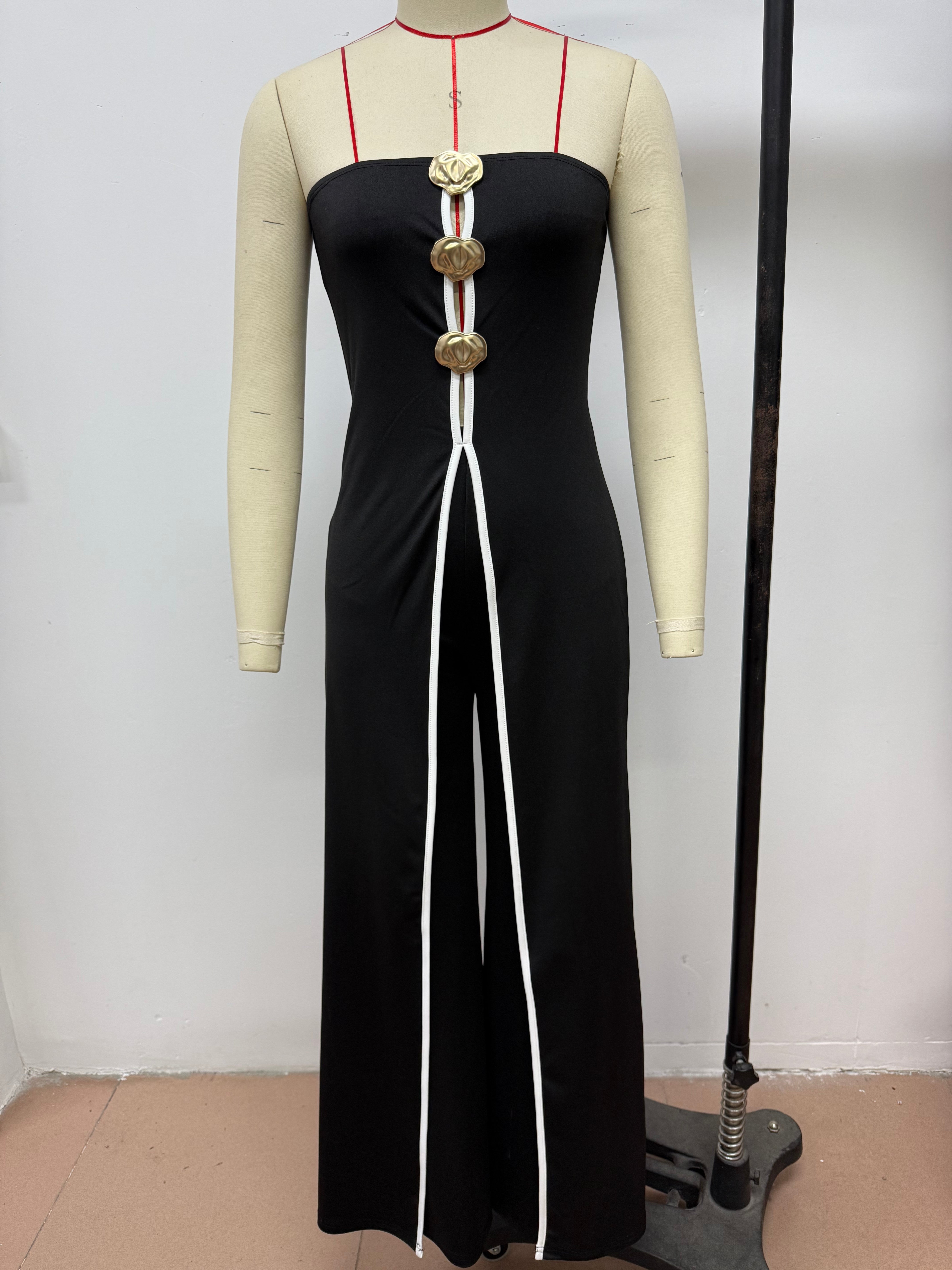 Women Sexy Strapless Metal Button Sleeveless Wide Leg Pants 3