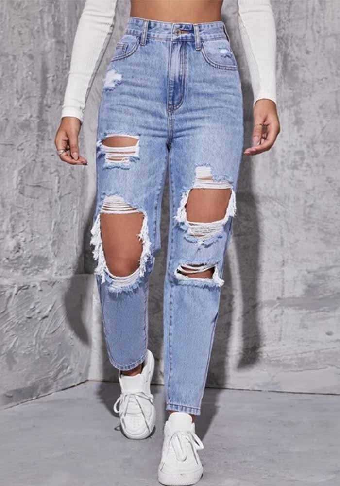 Women Ripped Washed Denim Pants
