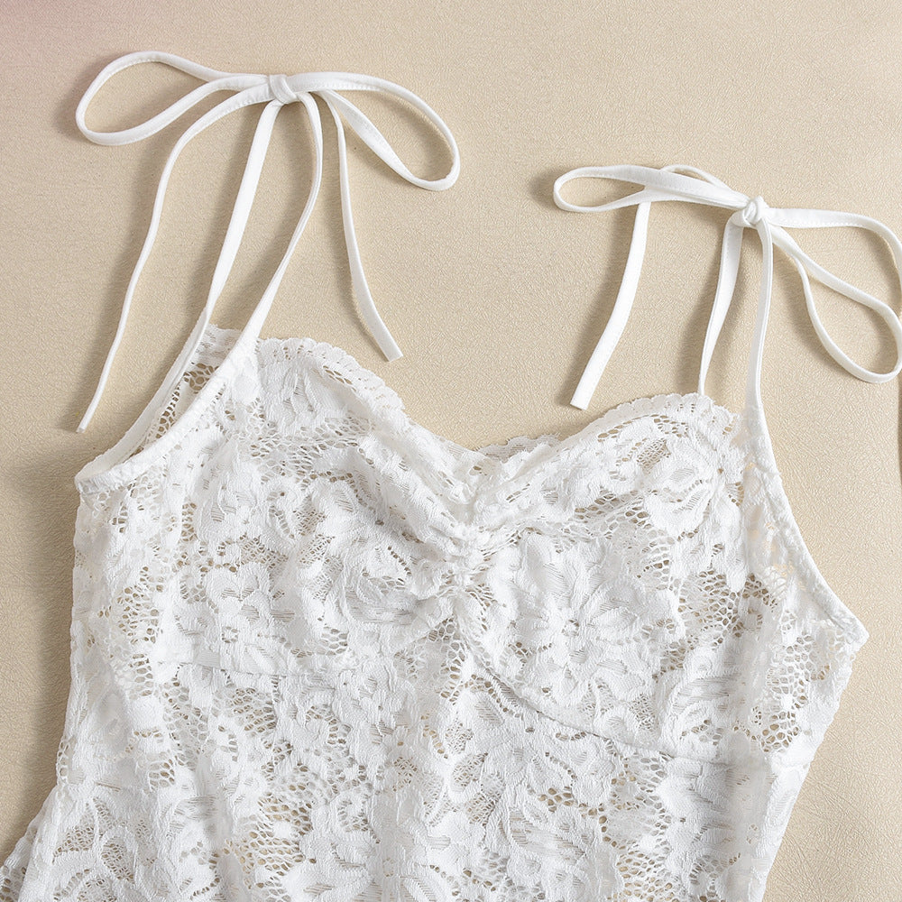 Women's See-Through slim Lace-Up Strap flower lace Bodycon dress 10