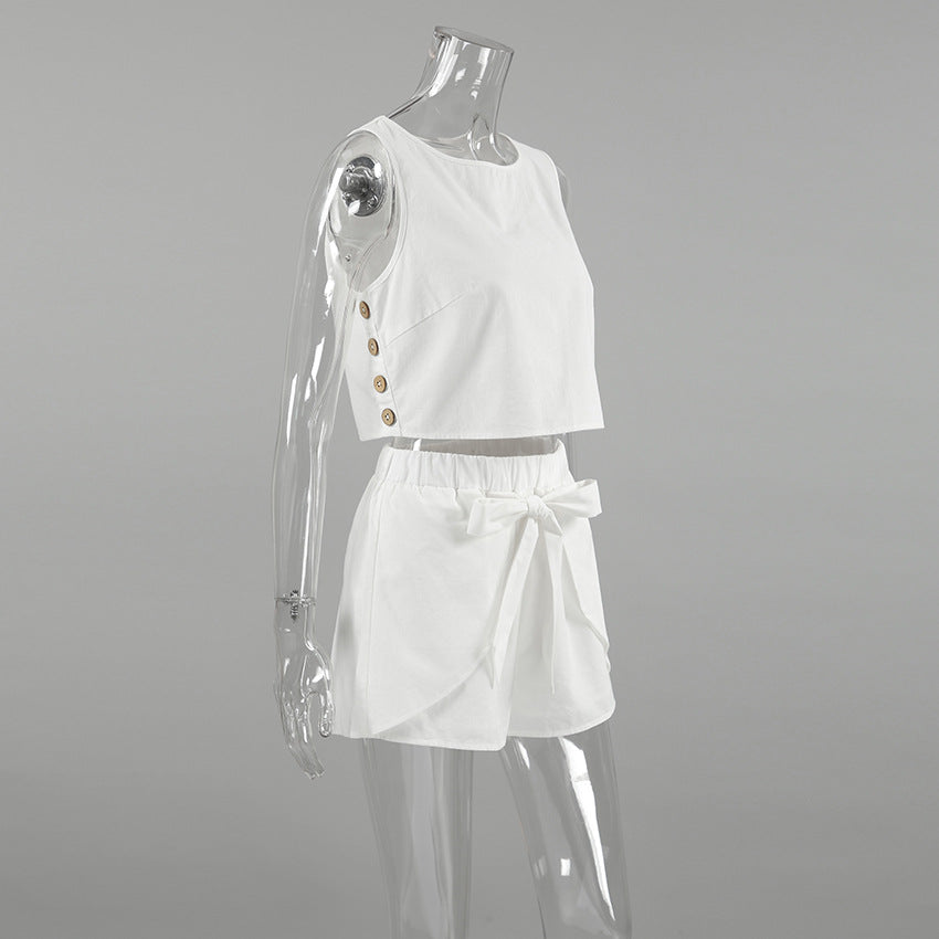 Women Spring and Summer Casual white sleeveless round neck vest lace-up shorts Two Piece Set 10