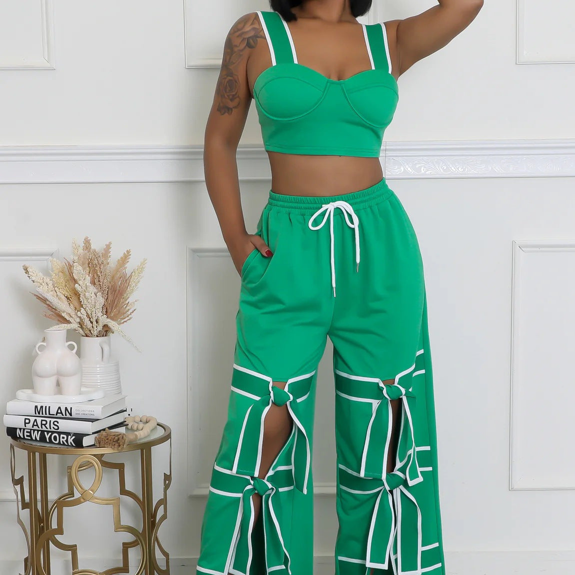 Women's Strap High-Waist Lace-Up Fashion Two Piece Pants Set 12